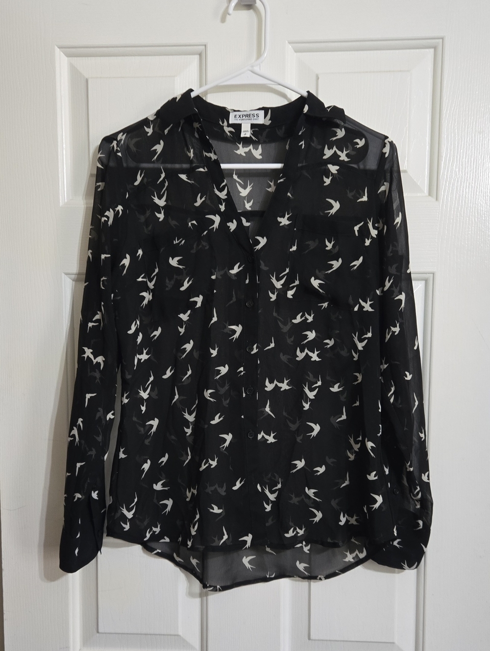 Express Black Sheer Bird-Print Button-Front Blouse